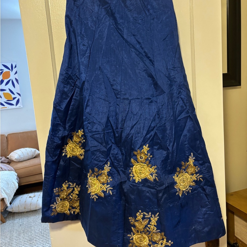 Women’s Navy Blue Wedding Dress Skirt with Gold Floral Embroidery